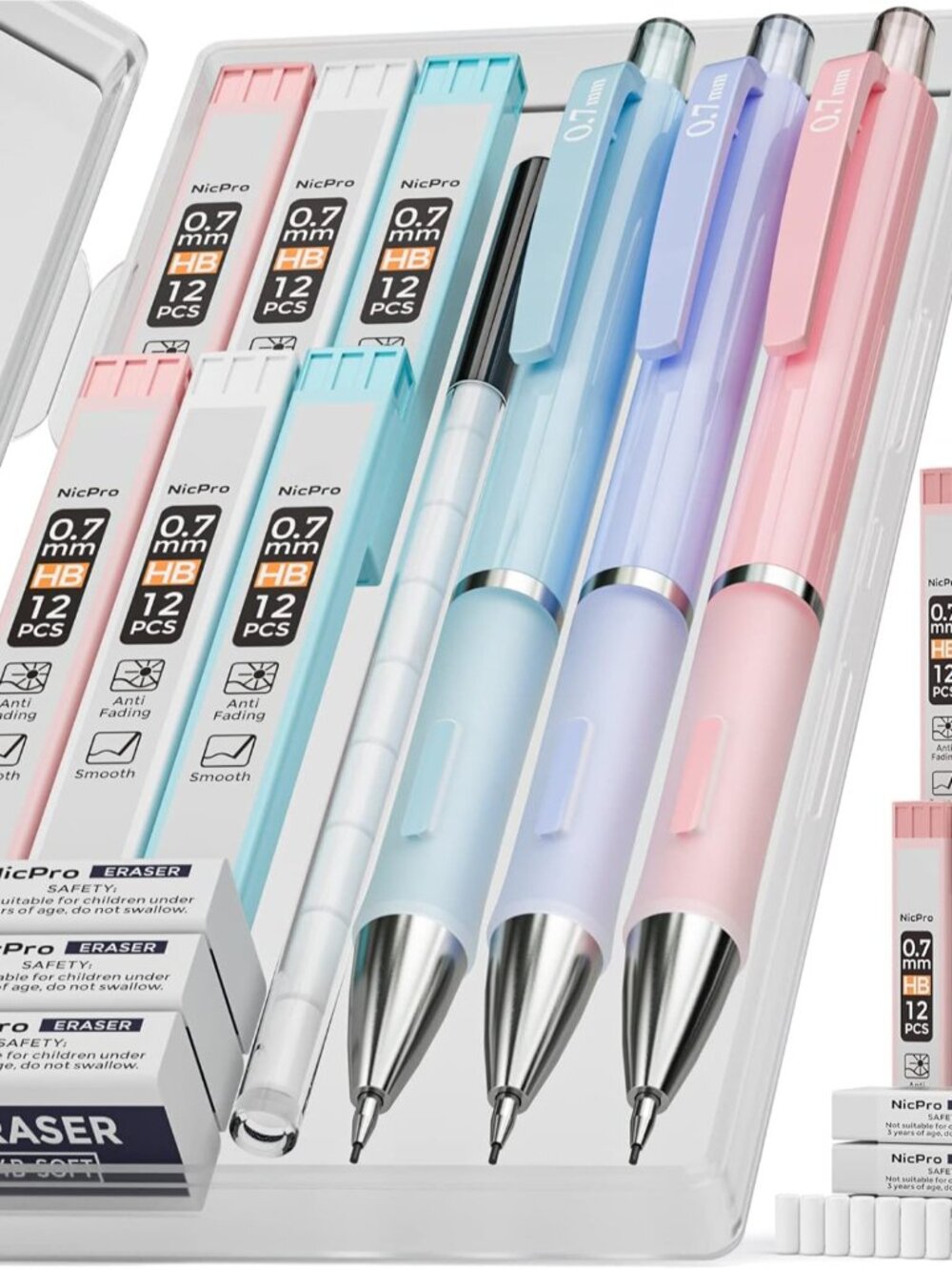 3PCS Cute Mechanical Pencil Set with Case, 0.7 mm Pencils with 6 Tube HB Lead Re